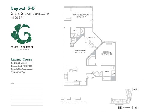 Layout S-B 2 Bed 2 Bath Floor Plan at The Green at Bloomfield, New Jersey, 07003