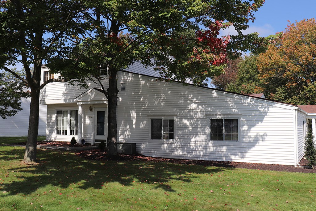 a white house with trees in front of it