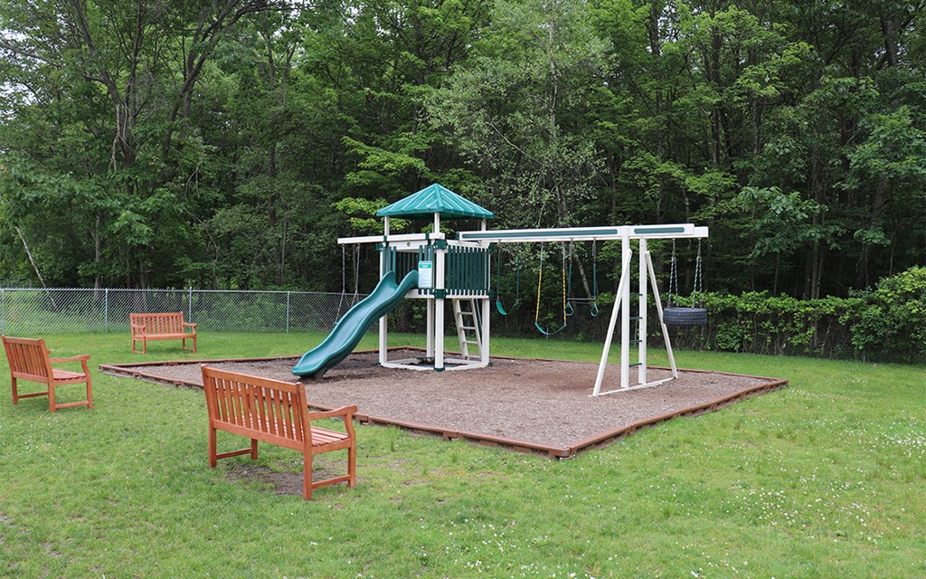 a playground with a slide and a swing set