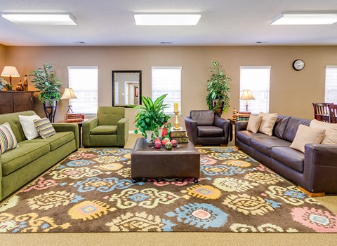 a living room with couches and chairs and a rug