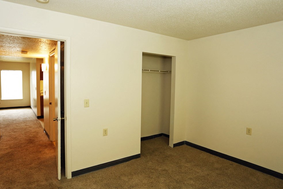 a bedroom with a closet and a carpeted floor