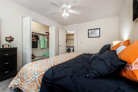 a bedroom with a bed and a closet