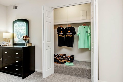 a walk in closet with clothes hanging on the wall and a dresser