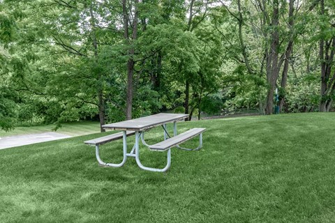 a picnic table and a bench in a park