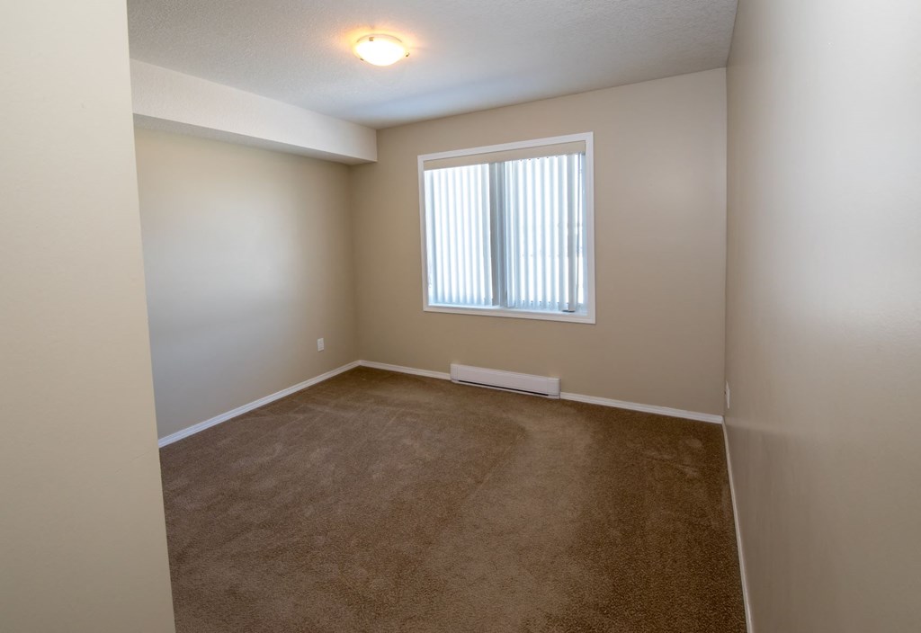 an empty living room with a window and carpet