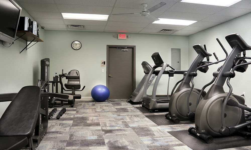 a gym with cardio equipment and a blue ball
