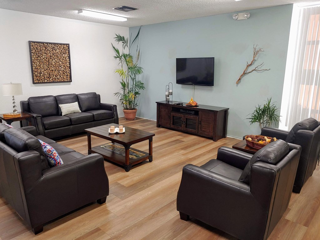 a living room with leather furniture and a television