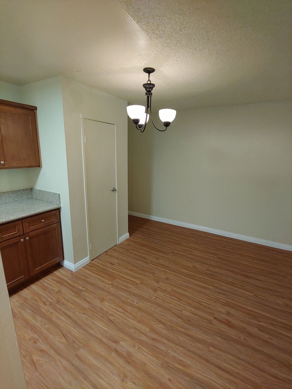 an empty kitchen and living room with wood flooring