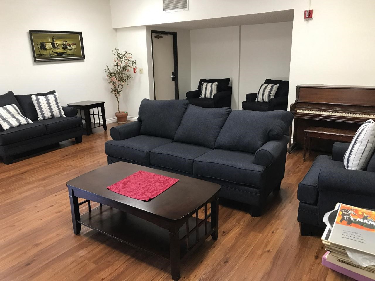 a living room with a couch and a coffee table