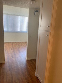 an empty room with a wood floor and a window