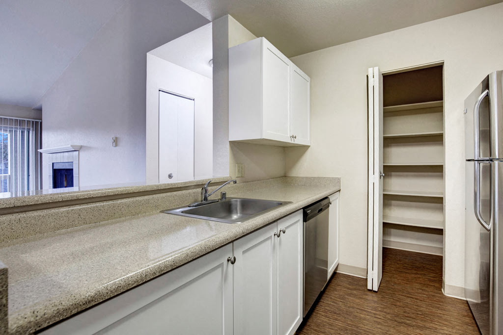 a kitchen with a sink and white cabinets
