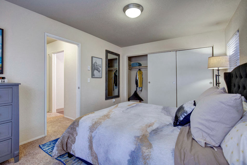 a bedroom with a large bed and a closet