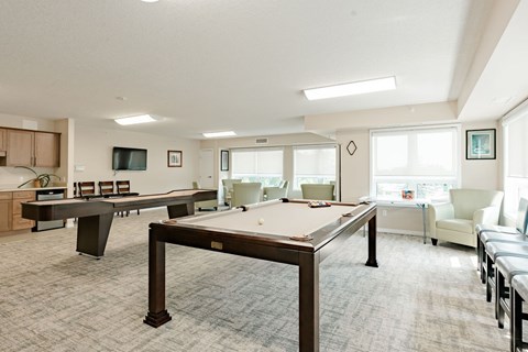 A room with a pool table and a couch.