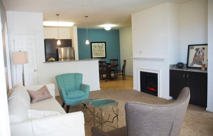 a living room with a couch and a chair and a fireplace