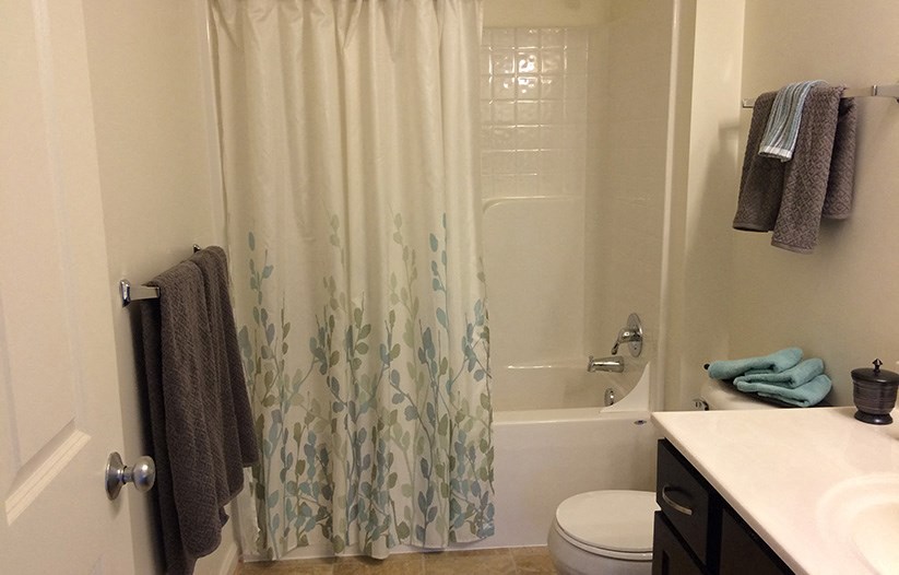 a bathroom with a shower and a sink and a toilet