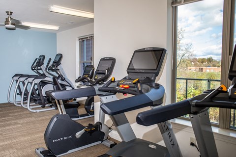A gym with a row of stationary bikes.