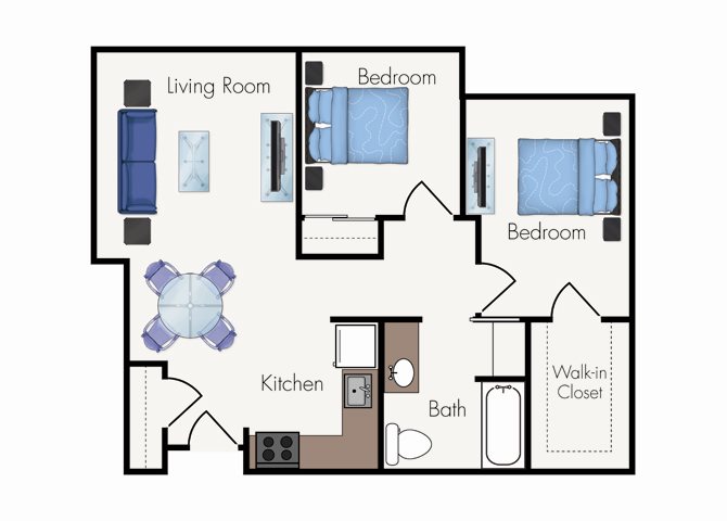 Two Bed One Bath Floor Plan 2