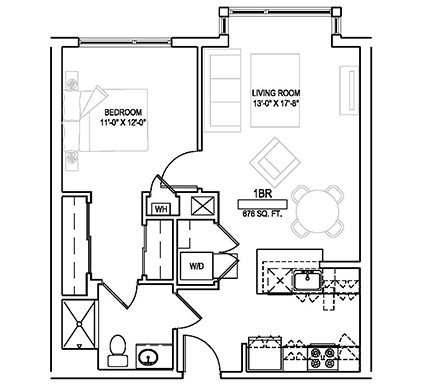 One bed/One bath - 676 sqft. Floor Plan 2