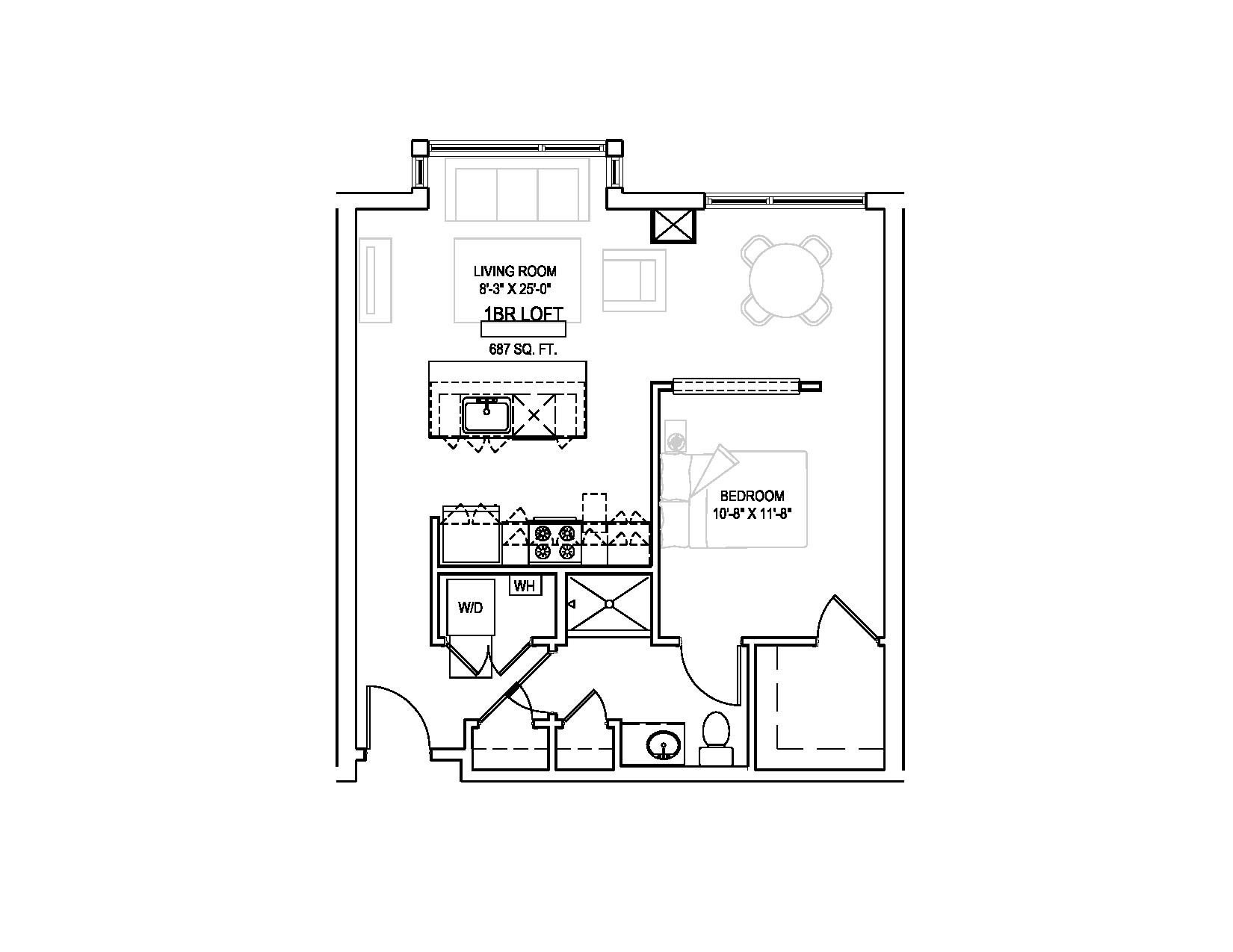 One bed Loft/One bath - 687 sqft. Floor Plan 14