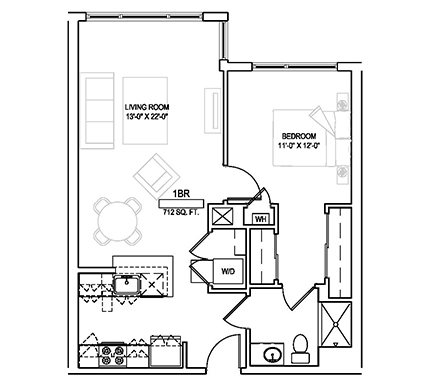 One bed/One bath - 712 sqft. Floor Plan 3