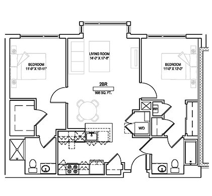 Two bed/Two bath - 998 sqft Floor Plan 10
