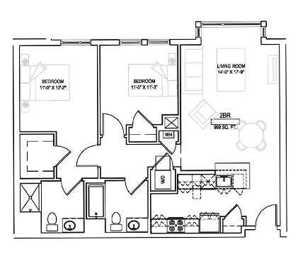 Two bed/Two bath - 999 sqft. Floor Plan 11