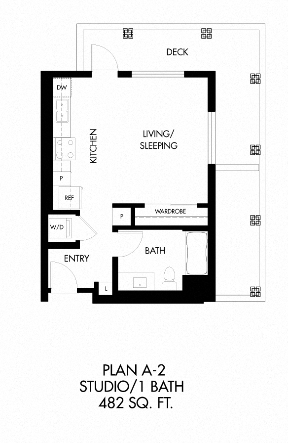 A2 - 0 Bedroom 1 Bath Floor Plan Layout - 485 Square Feet