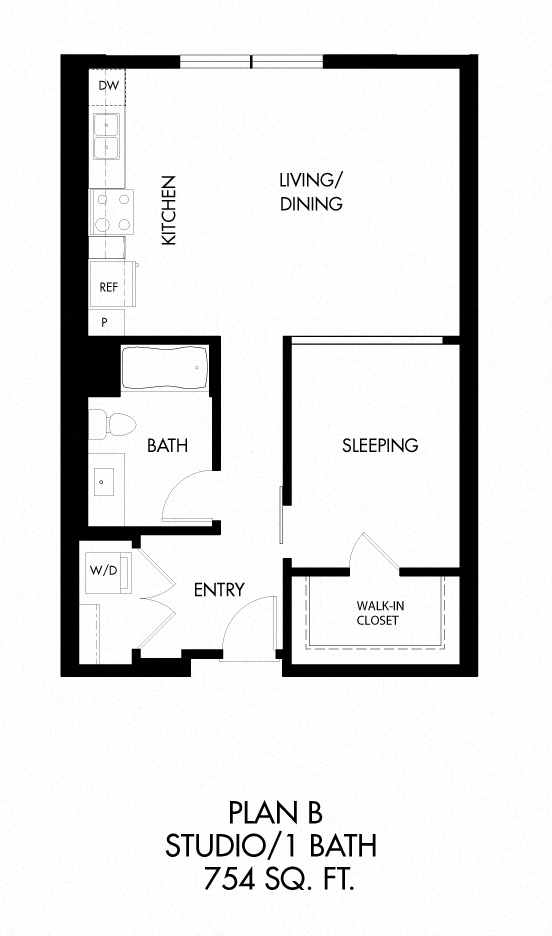 B - 0 Bedroom 1 Bath Floor Plan Layout - 676 Square Feet