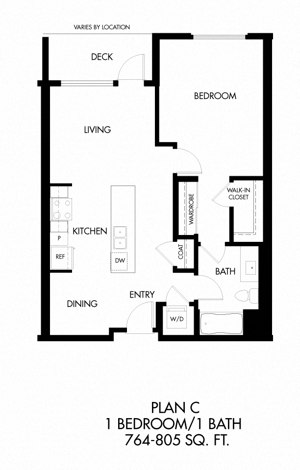 C - 1 Bedroom 1 Bath Floor Plan Layout - 807 Square Feet