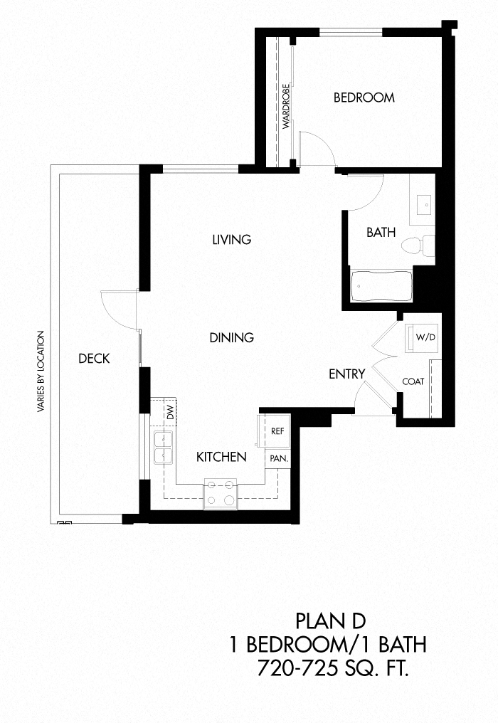 D - 1 Bedroom 1 Bath Floor Plan Layout - 725 Square Feet