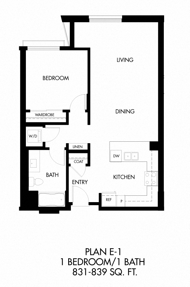 E1 - 1 Bedroom 1 Bath Floor Plan Layout - 829 Square Feet