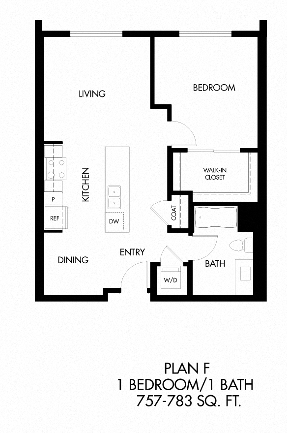 F - 1 Bedroom 1 Bath Floor Plan Layout - 757 Square Feet