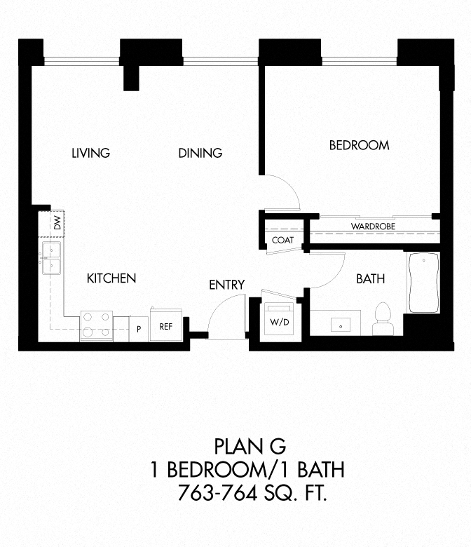 G - 1 Bedroom 1 Bath Floor Plan Layout - 761 Square Feet