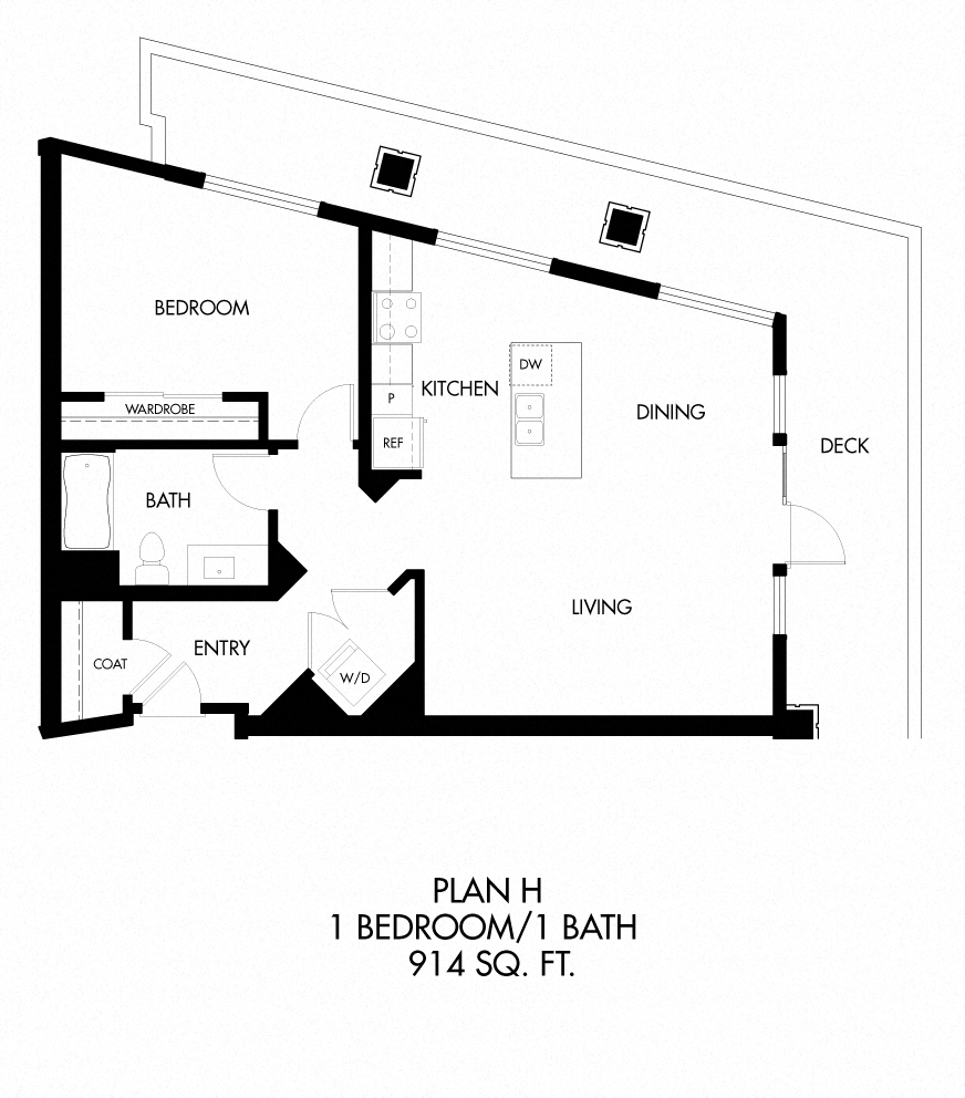 H - 1 Bedroom 1 Bath Floor Plan Layout - 916 Square Feet