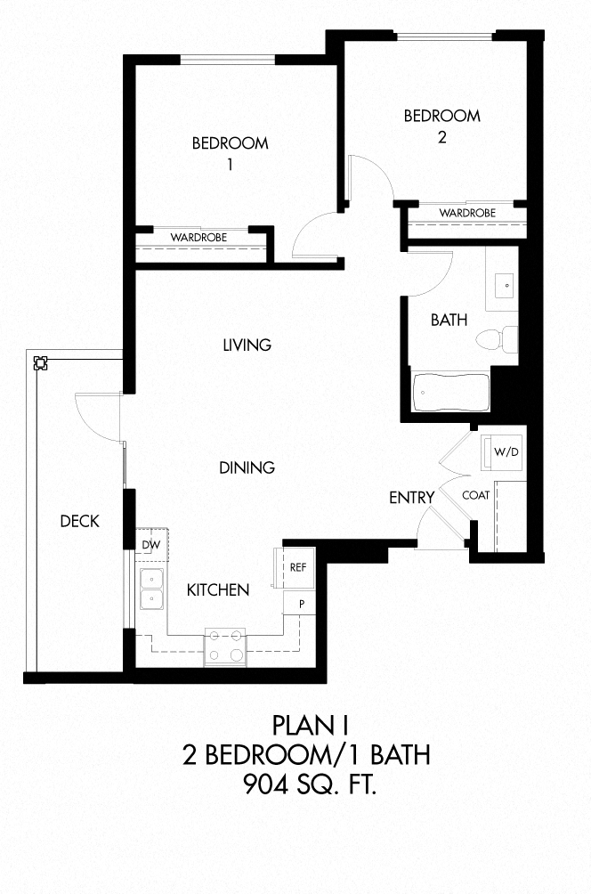 I - 2 Bedroom 1 Bath Floor Plan Layout - 904 Square Feet
