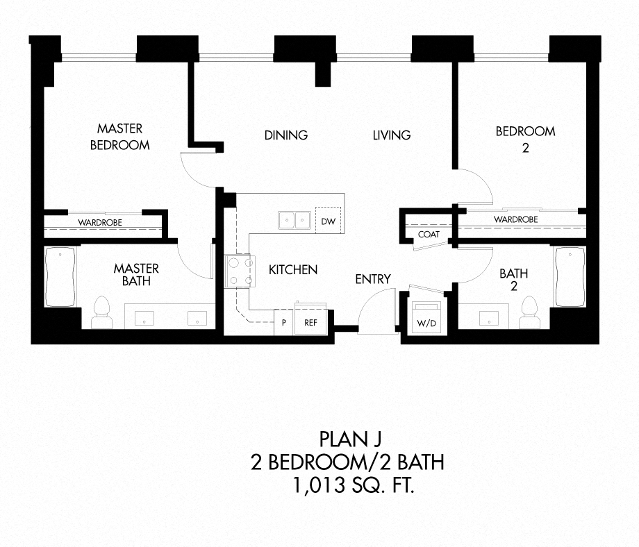 J - 2 Bedroom 2 Bath Floor Plan Layout - 1011 Square Feet