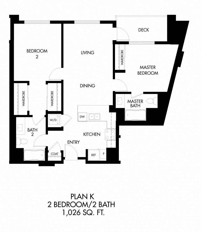 K - 2 Bedroom 2 Bath Floor Plan Layout - 1026 Square Feet