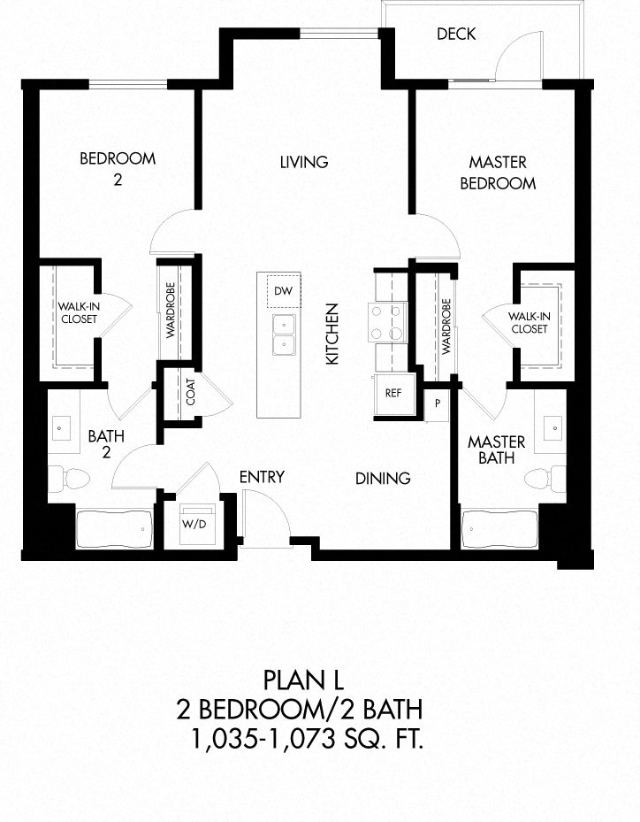 L - 2 Bedroom 2 Bath Floor Plan Layout - 1068 Square Feet