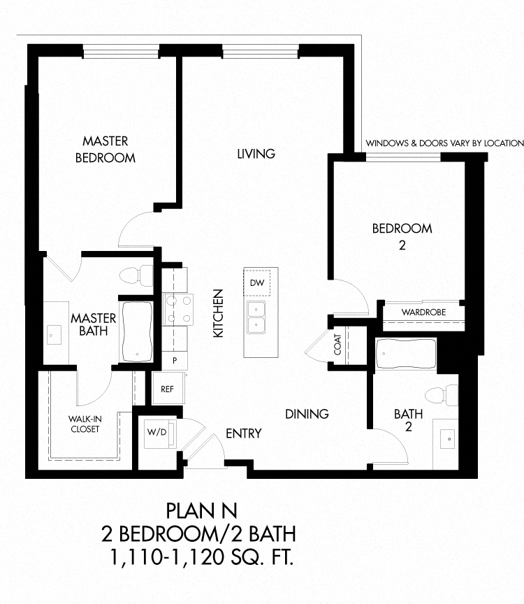 N - 2 Bedroom 2 Bath Floor Plan Layout - 1118 Square Feet