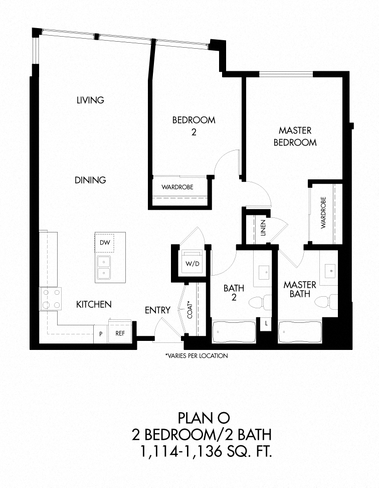 O - 2 Bedroom 2 Bath Floor Plan Layout - 1136 Square Feet