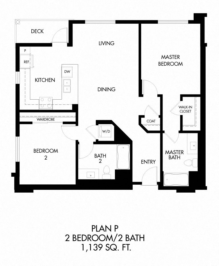 P - 2 Bedroom 2 Bath Floor Plan Layout - 1139 Square Feet