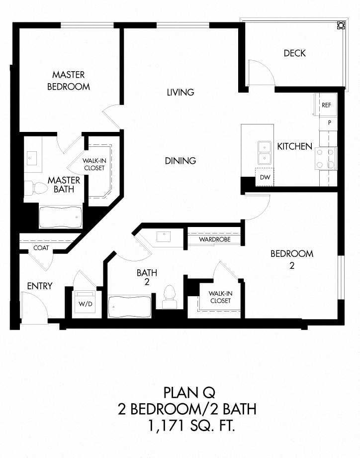 Q - 2 Bedroom 2 Bath Floor Plan Layout - 1149 Square Feet