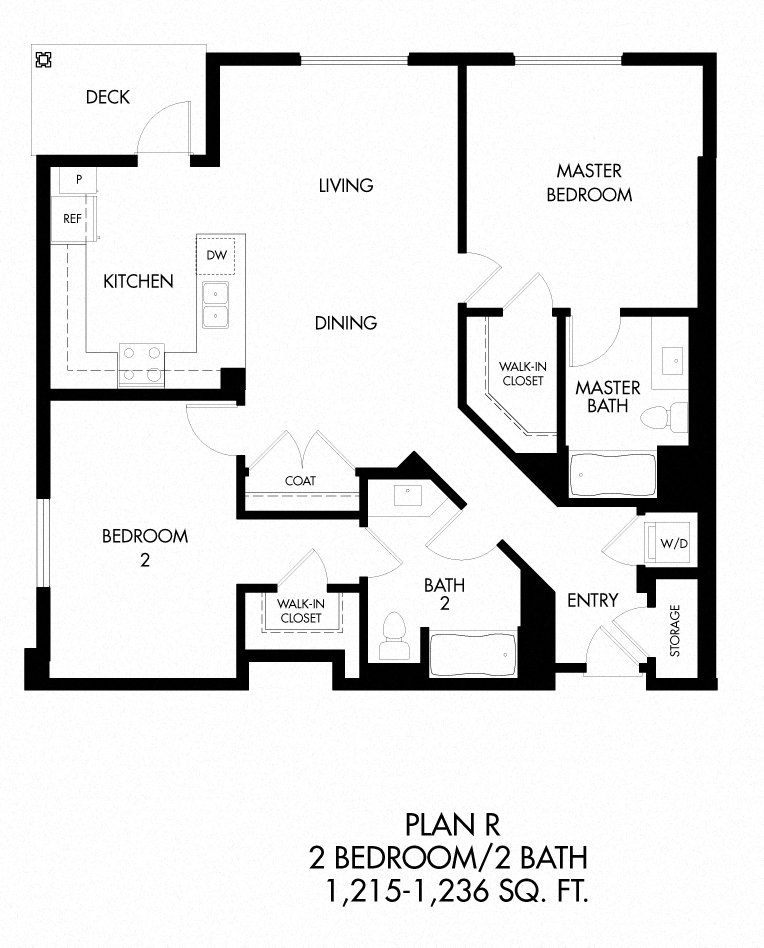 R - 2 Bedroom 2 Bath Floor Plan Layout - 1232 Square Feet