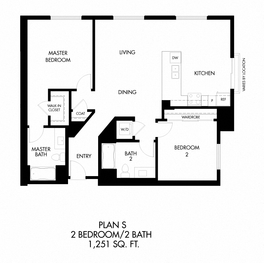 S - 2 Bedroom 2 Bath Floor Plan Layout - 1251 Square Feet