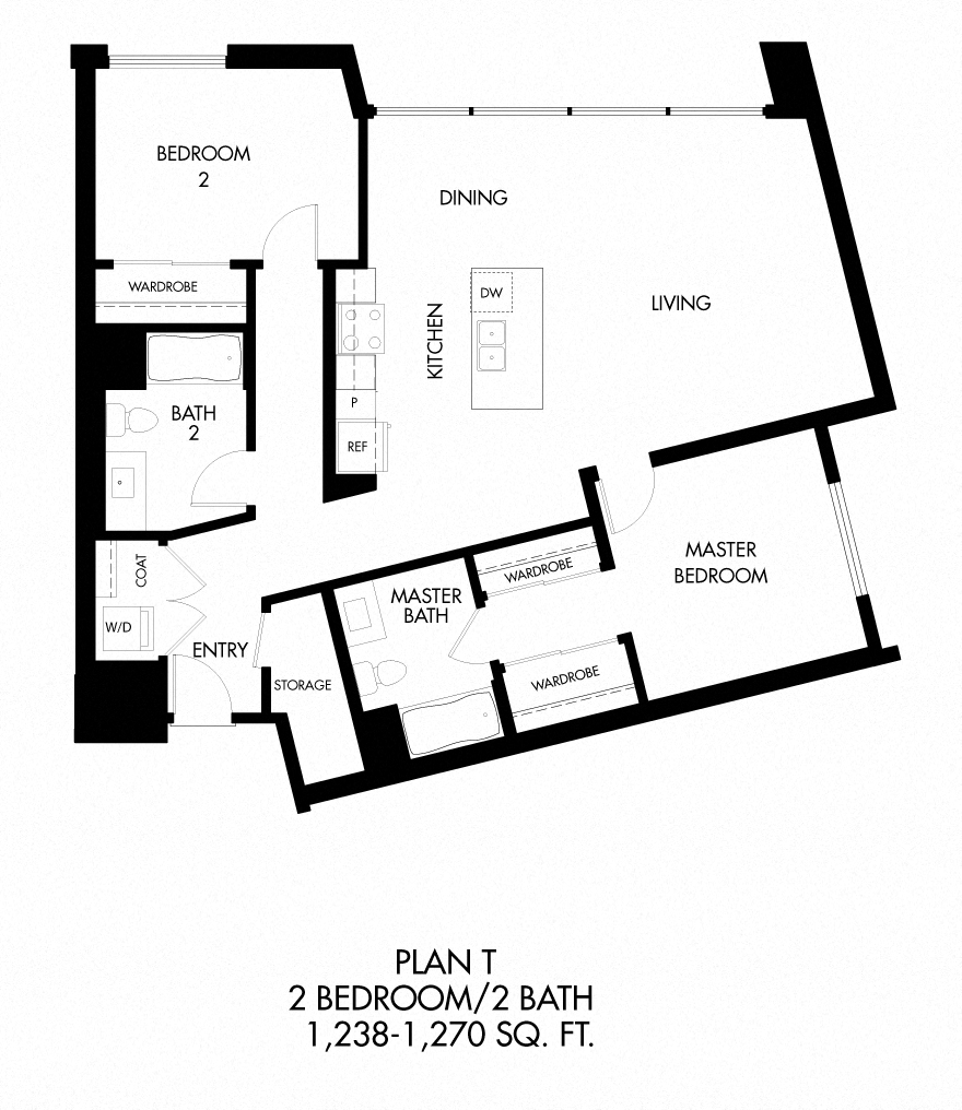 T - 2 Bedroom 2 Bath Floor Plan Layout - 1261 Square Feet