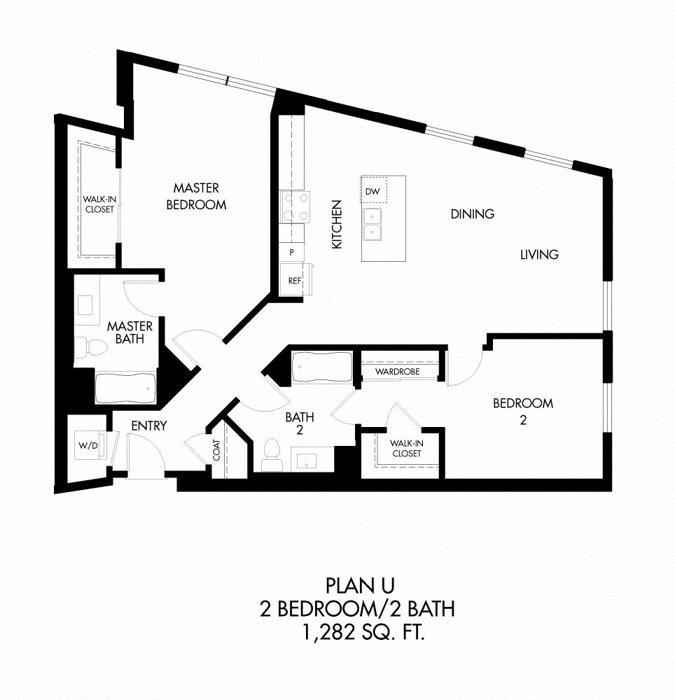 U - 2 Bedroom 2 Bath Floor Plan Layout - 1284 Square Feet