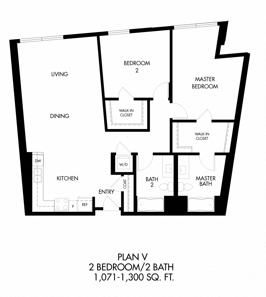 V - 2 Bedroom 2 Bath Floor Plan Layout - 1301 Square Feet