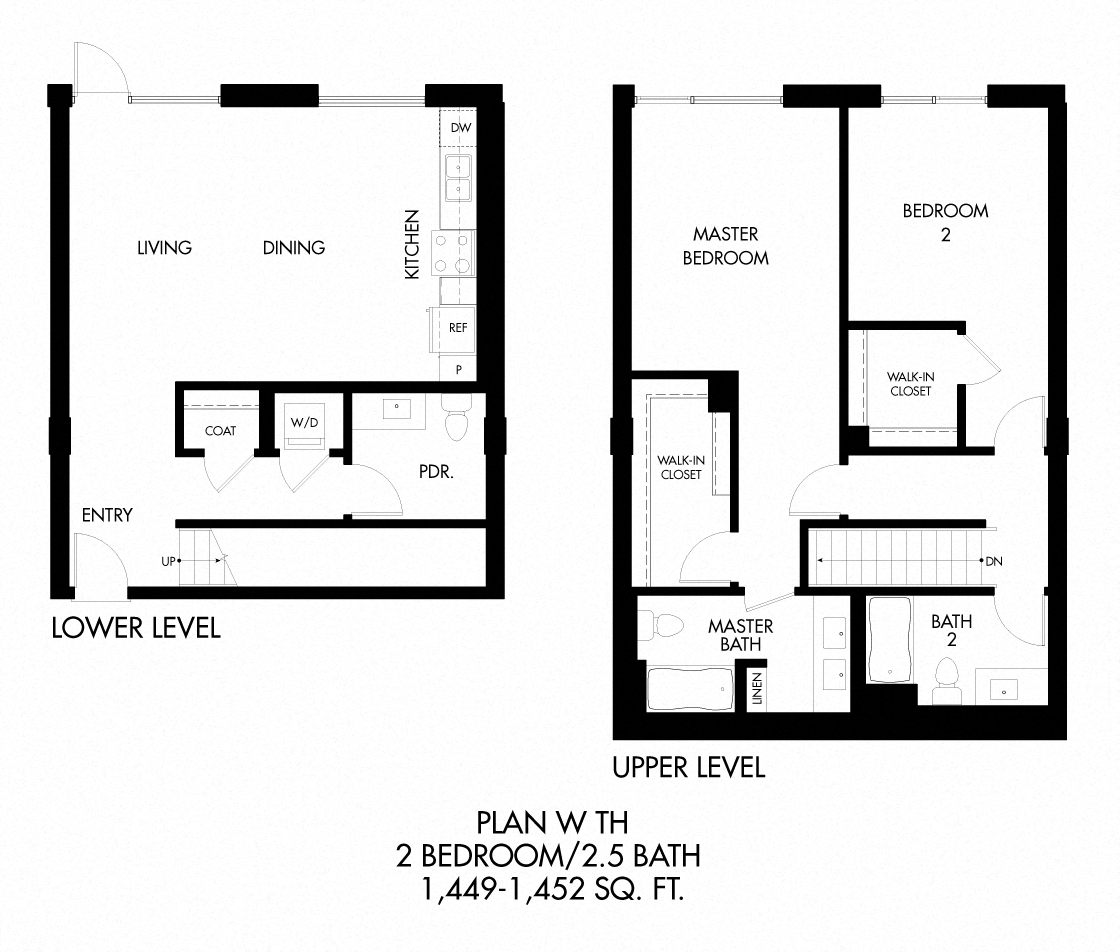 W - 2 Bedroom 2 Bath Floor Plan Layout - 1452 Square Feet