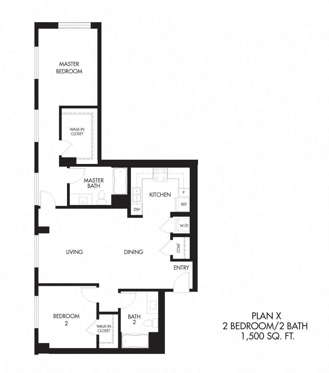 X - 2 Bedroom 2 Bath Floor Plan Layout - 1168 Square Feet