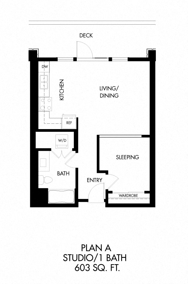 A - 0 Bedroom 1 Bath Floor Plan Layout - 604 Square Feet